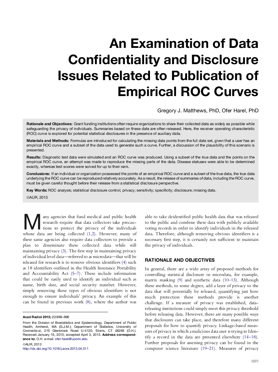 عکس صفحه اول مقاله: An Examination of Data Confidentiality and Disclosure Issues Related to Publication of Empirical ROC Curves An Examination of Data Confidentiality and Disclosure Issues Related to Publication of Empirical ROC Curves