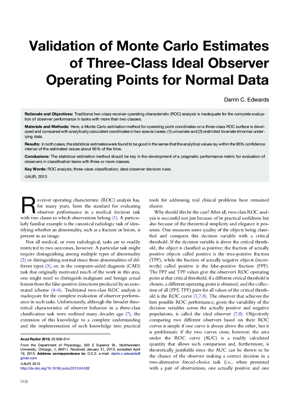 Validation of Monte Carlo Estimates of Three-Class Ideal Observer Operating Points for Normal Data