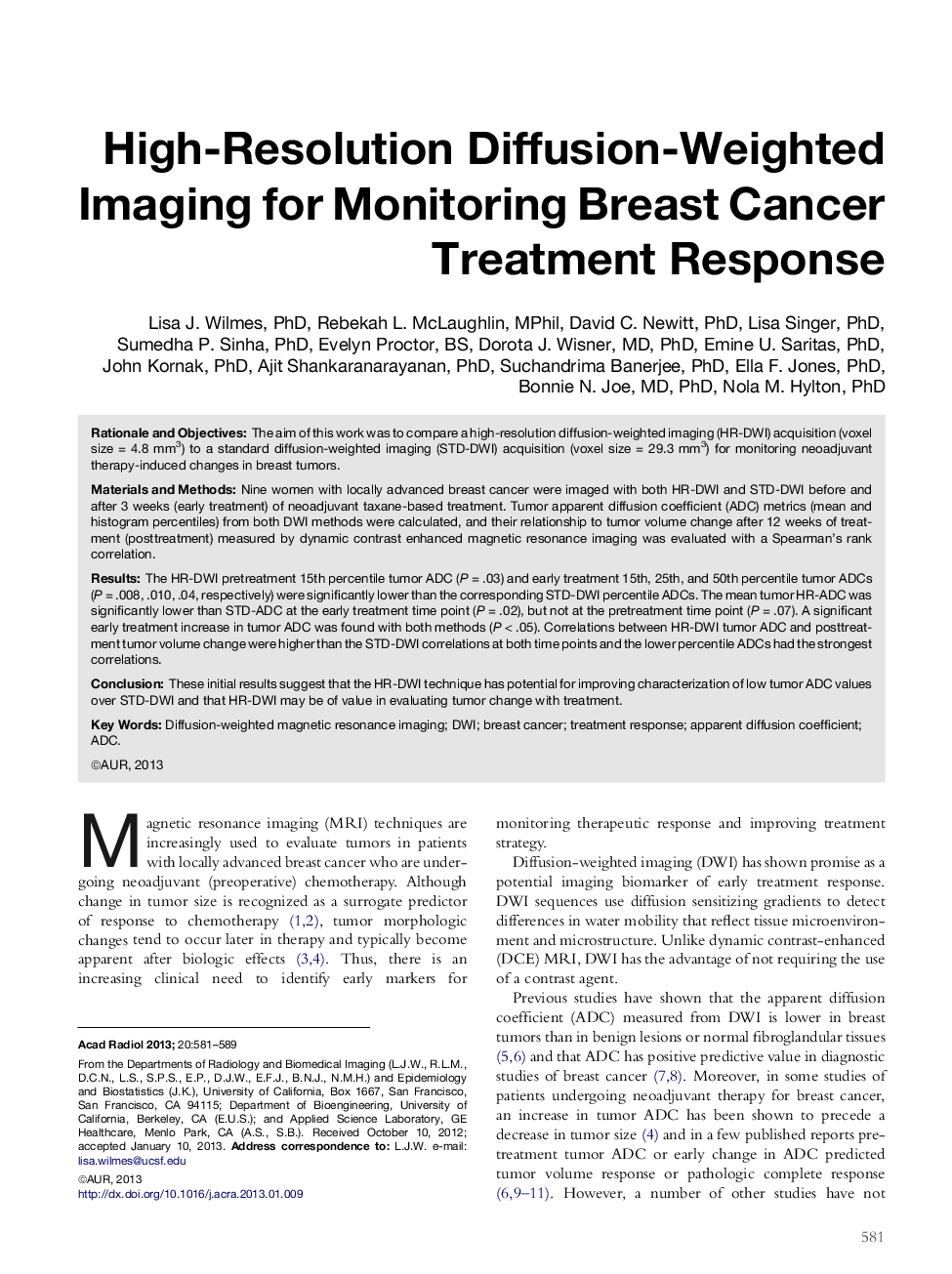 High-Resolution Diffusion-Weighted Imaging for Monitoring Breast Cancer Treatment Response