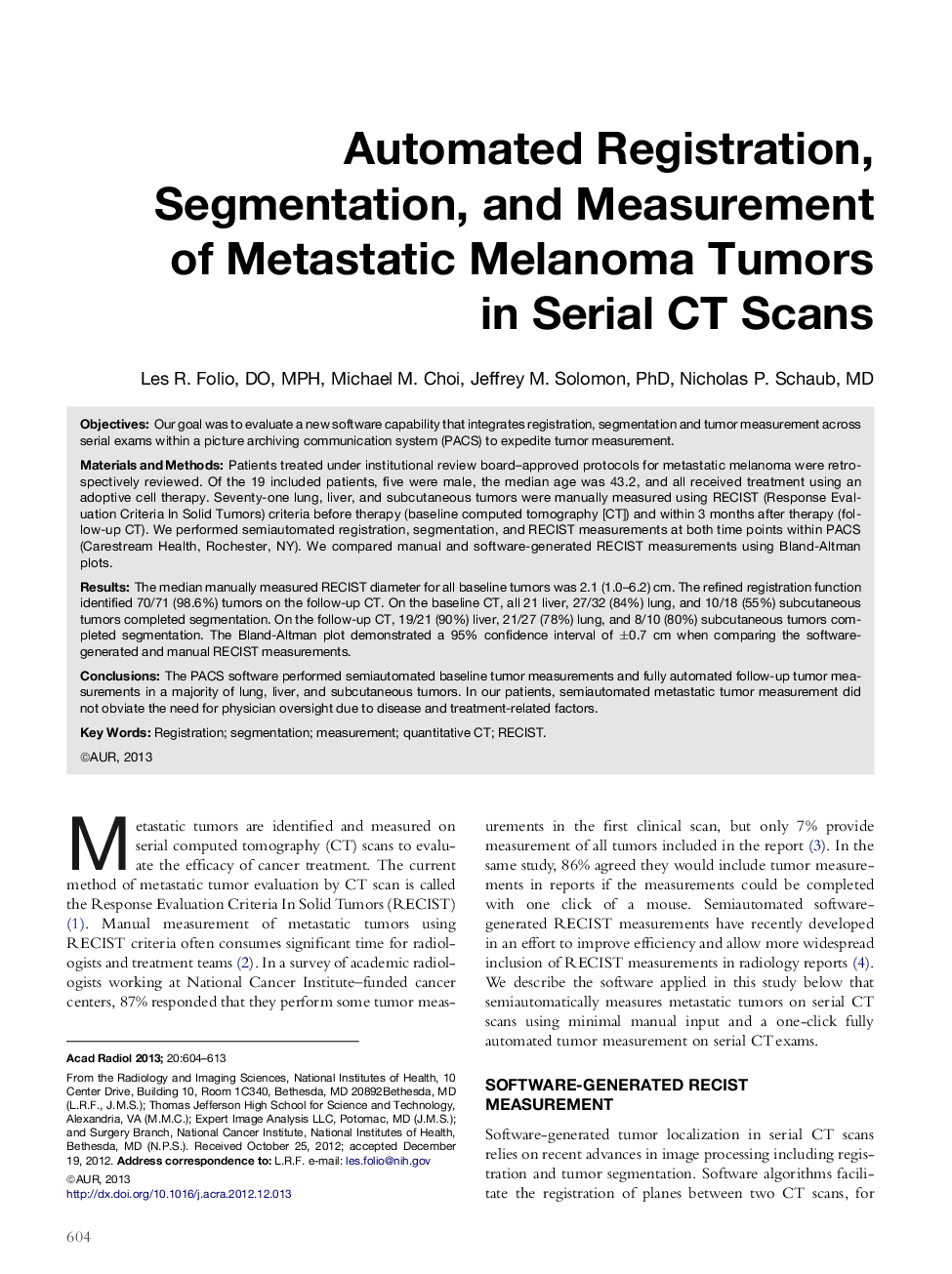 Automated Registration, Segmentation, and Measurement of Metastatic Melanoma Tumors in Serial CT Scans