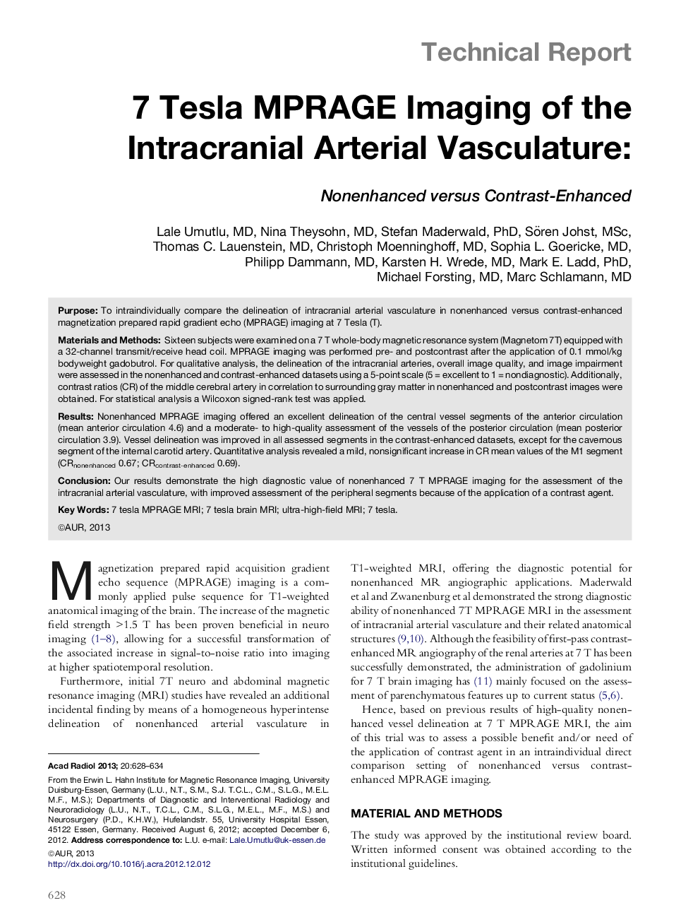 7 Tesla MPRAGE Imaging of the Intracranial Arterial Vasculature