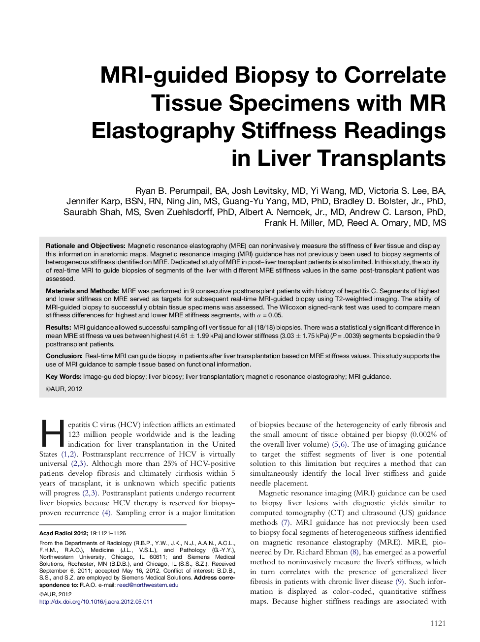 MRI-guided Biopsy to Correlate Tissue Specimens with MR Elastography Stiffness Readings inÂ Liver Transplants