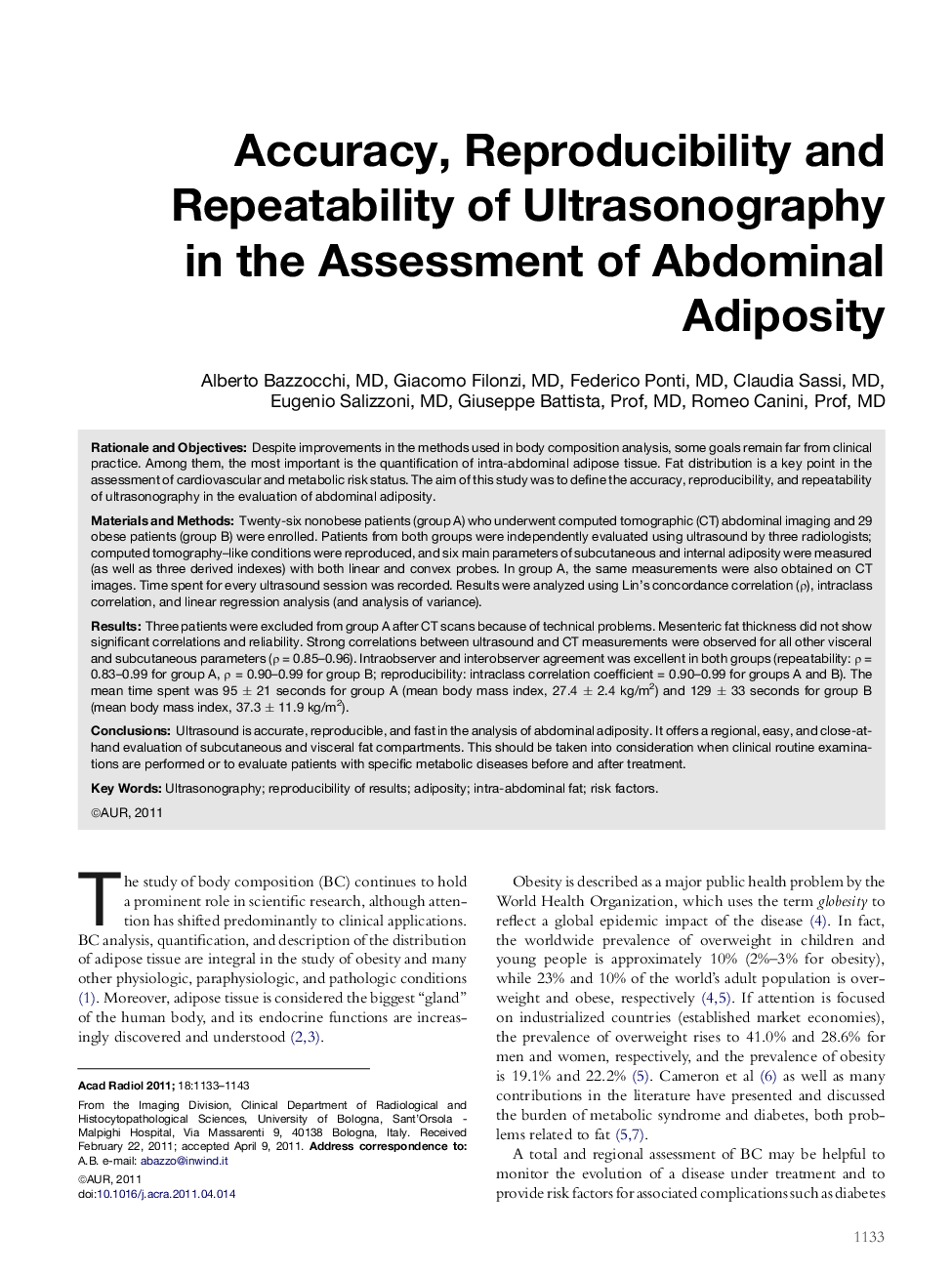 Accuracy, Reproducibility and Repeatability of Ultrasonography in the Assessment of Abdominal Adiposity