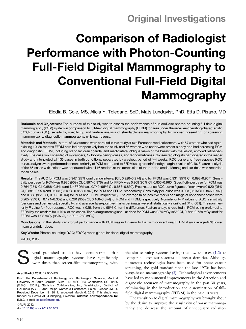 Comparison of Radiologist Performance with Photon-Counting Full-Field Digital Mammography to Conventional Full-Field Digital Mammography
