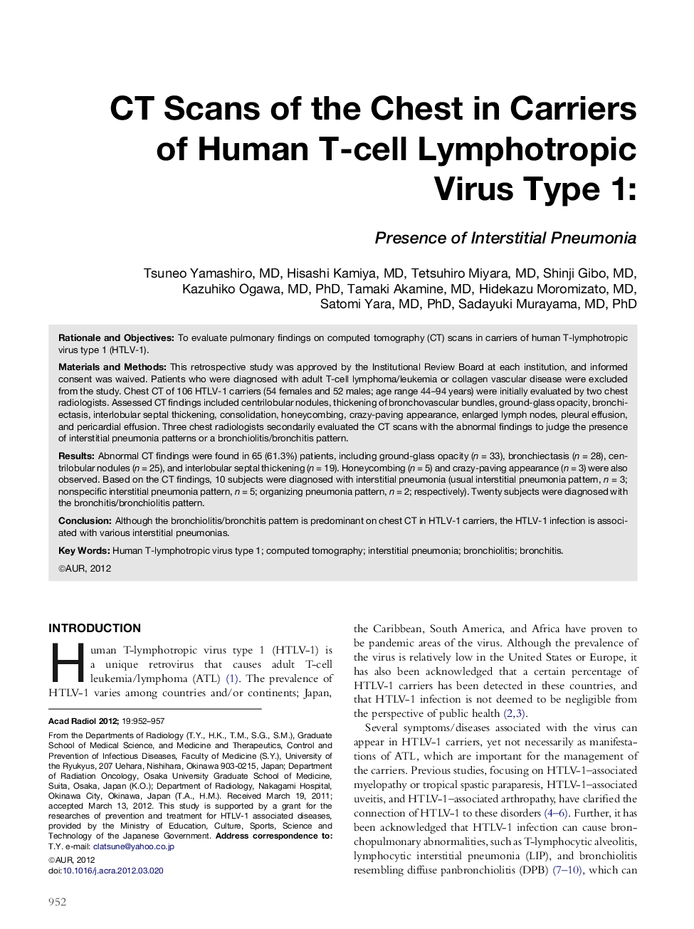 CT Scans of the Chest in Carriers of Human T-cell Lymphotropic Virus Type 1