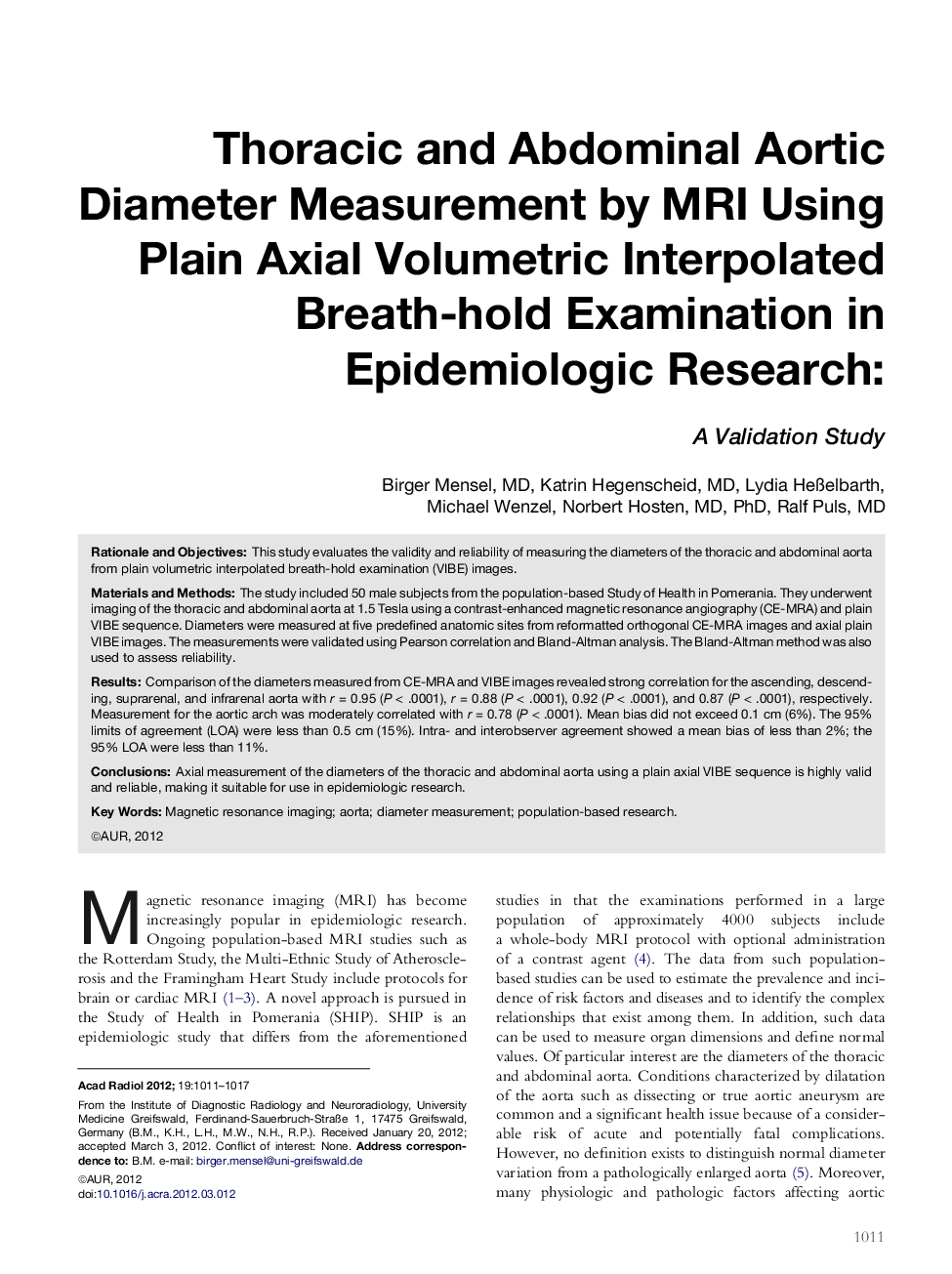 Thoracic and Abdominal Aortic Diameter Measurement by MRI Using Plain Axial Volumetric Interpolated Breath-hold Examination in Epidemiologic Research