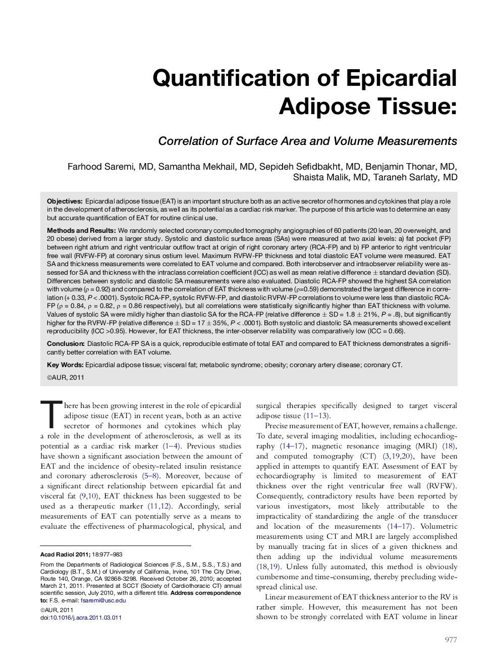 Quantification of Epicardial Adipose Tissue