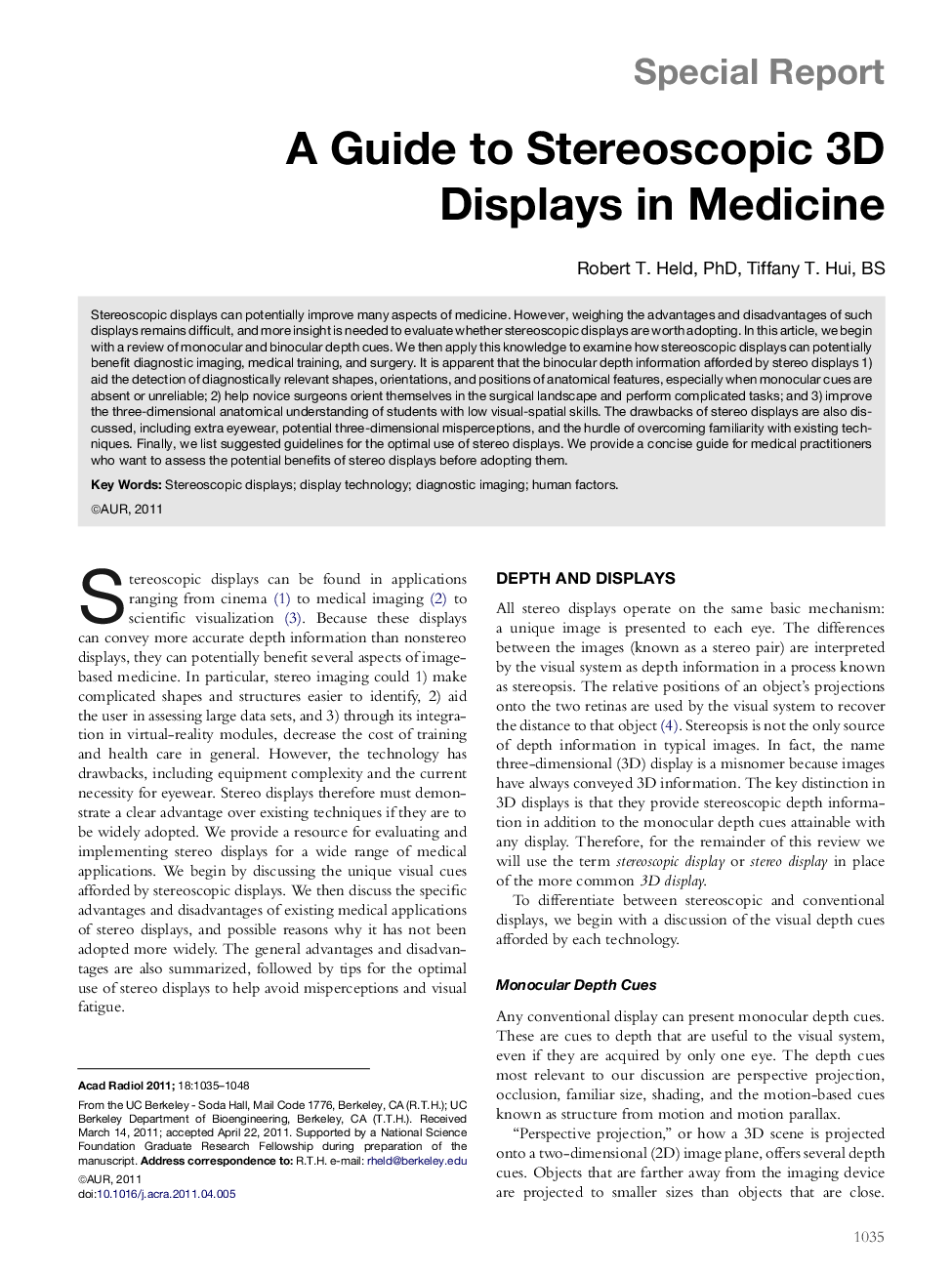 A Guide to Stereoscopic 3D Displays in Medicine