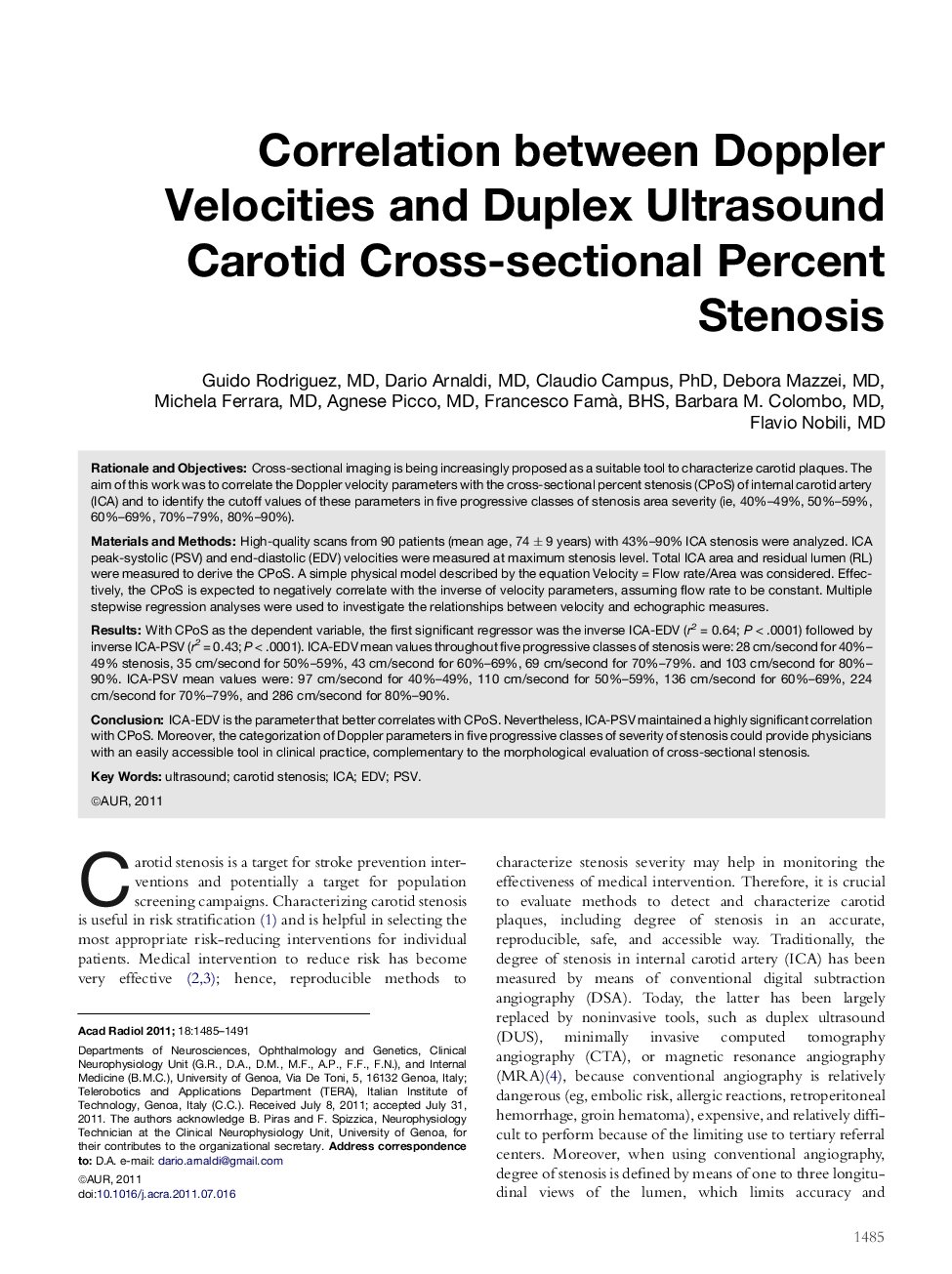 Correlation between Doppler Velocities and Duplex Ultrasound Carotid Cross-sectional Percent Stenosis