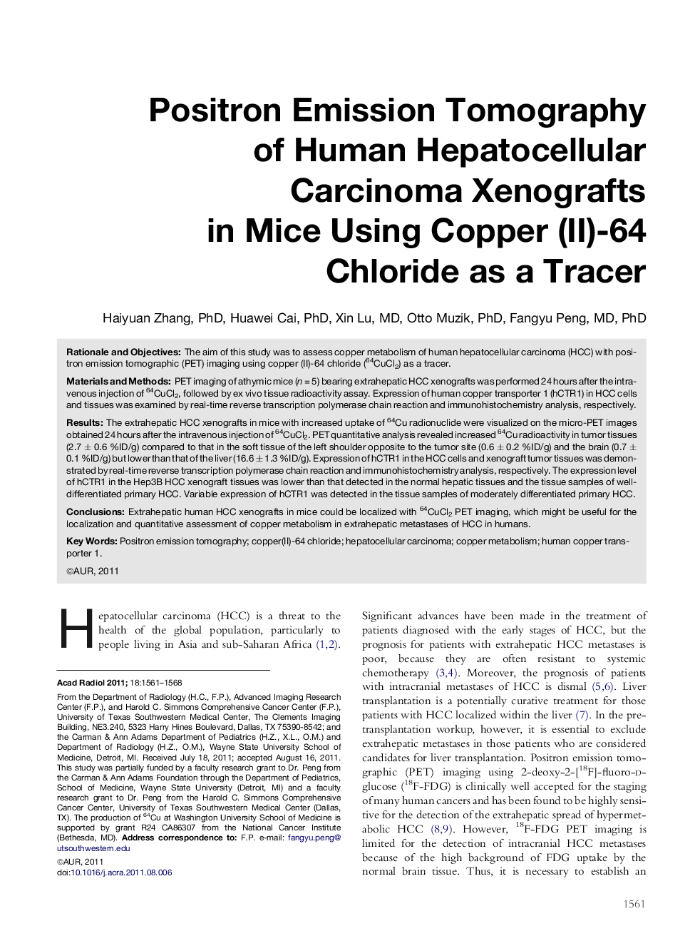 Positron Emission Tomography of Human Hepatocellular Carcinoma Xenografts in Mice Using Copper (II)-64 Chloride as a Tracer