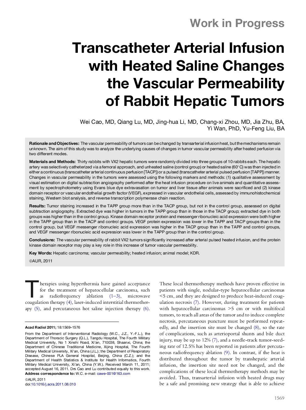 Transcatheter Arterial Infusion with Heated Saline Changes the Vascular Permeability of Rabbit Hepatic Tumors