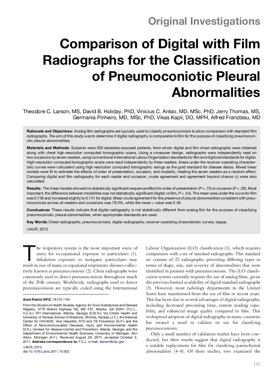 Comparison of Digital with Film Radiographs for the Classification of Pneumoconiotic Pleural Abnormalities