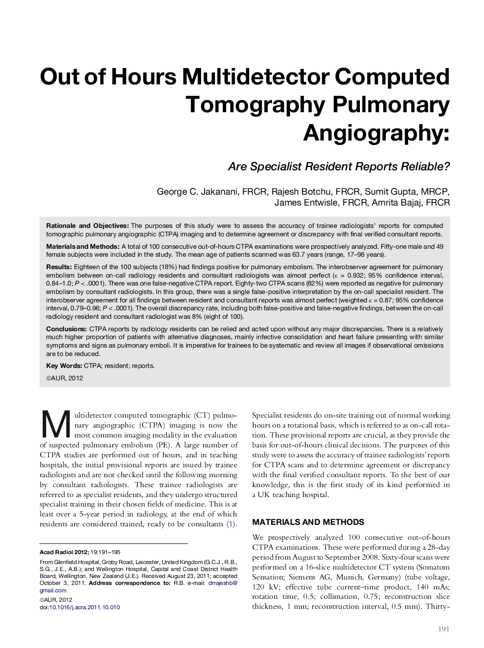 Out of Hours Multidetector Computed Tomography Pulmonary Angiography