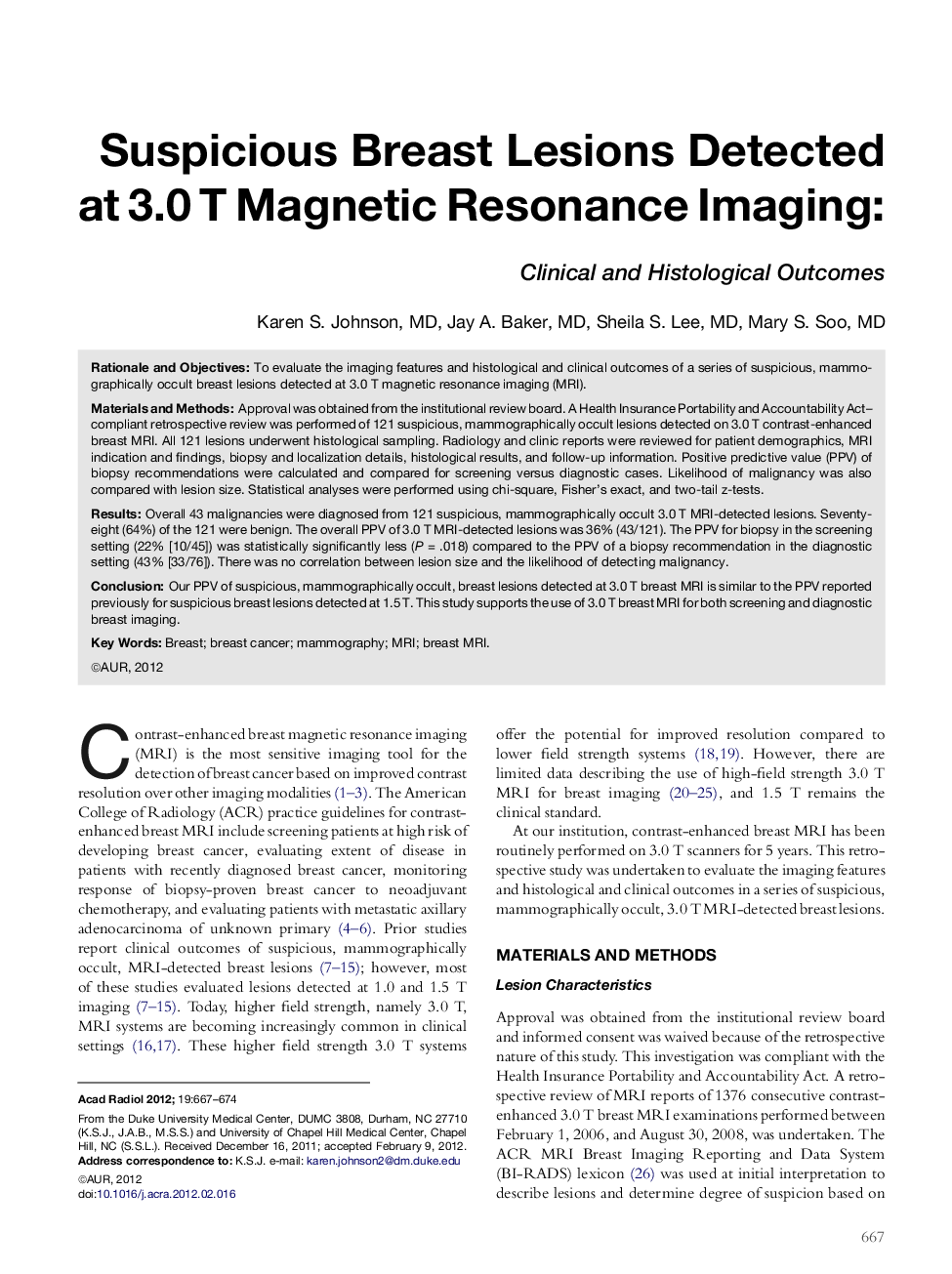 Suspicious Breast Lesions Detected at 3.0 T Magnetic Resonance Imaging