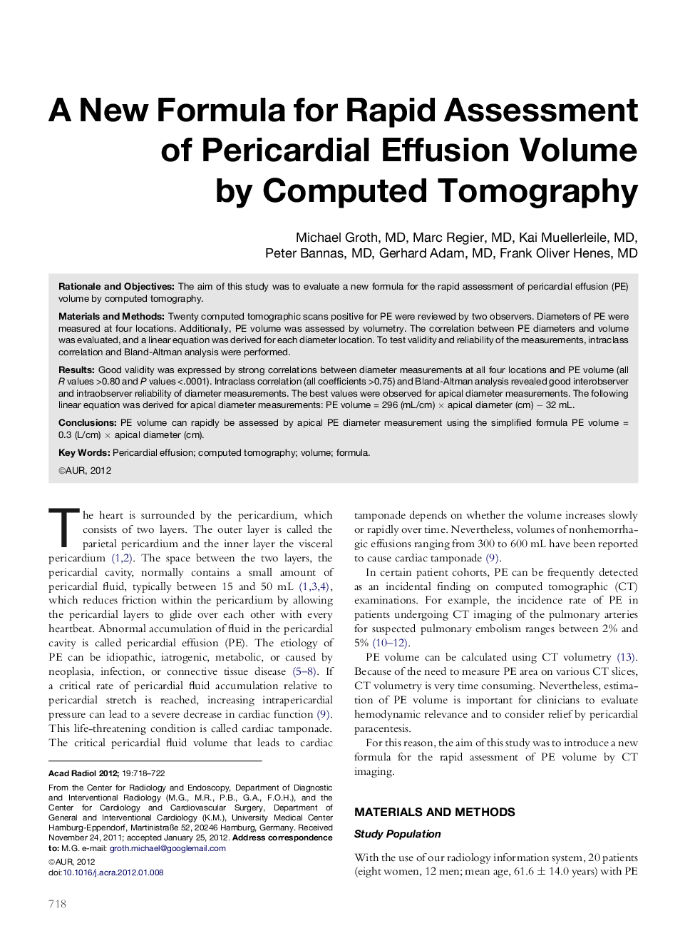 A New Formula for Rapid Assessment of Pericardial Effusion Volume byÂ Computed Tomography