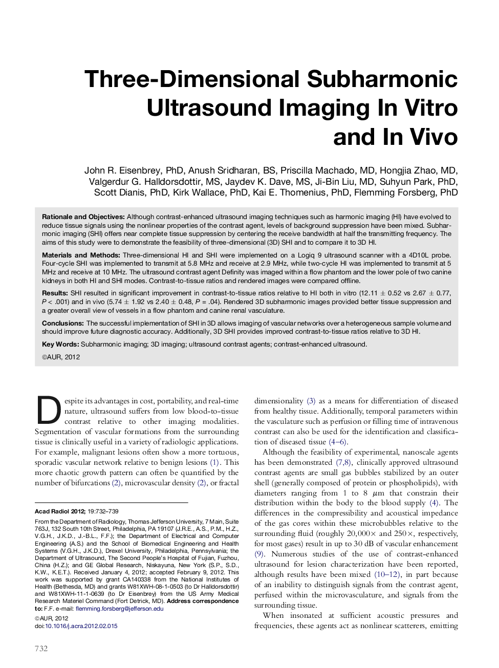 Three-Dimensional Subharmonic Ultrasound Imaging InÂ Vitro and InÂ Vivo