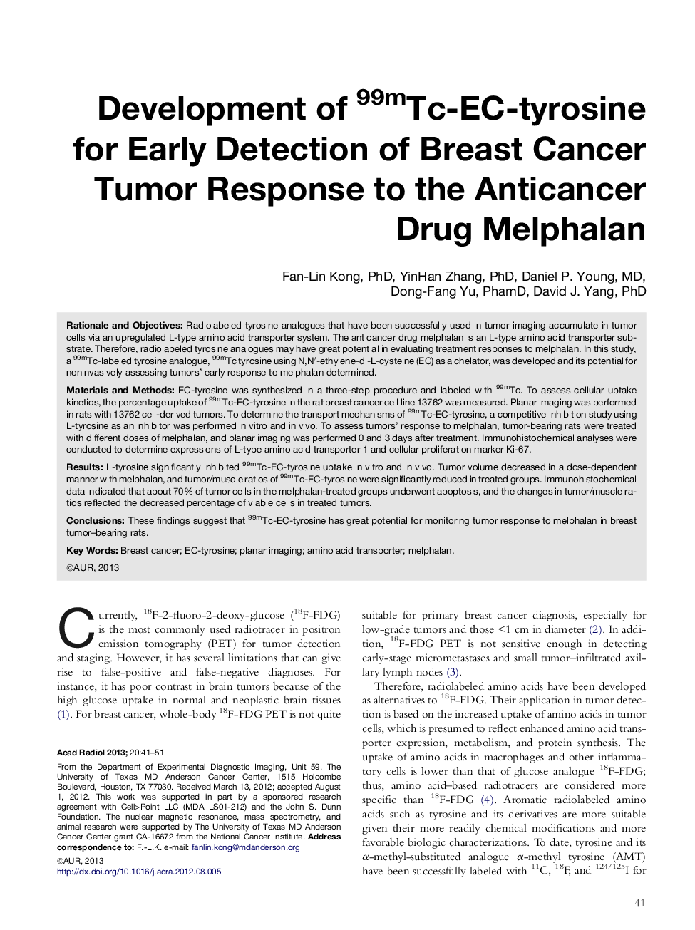 Development of 99mTc-EC-tyrosine for Early Detection of Breast Cancer Tumor Response to the Anticancer Drug Melphalan