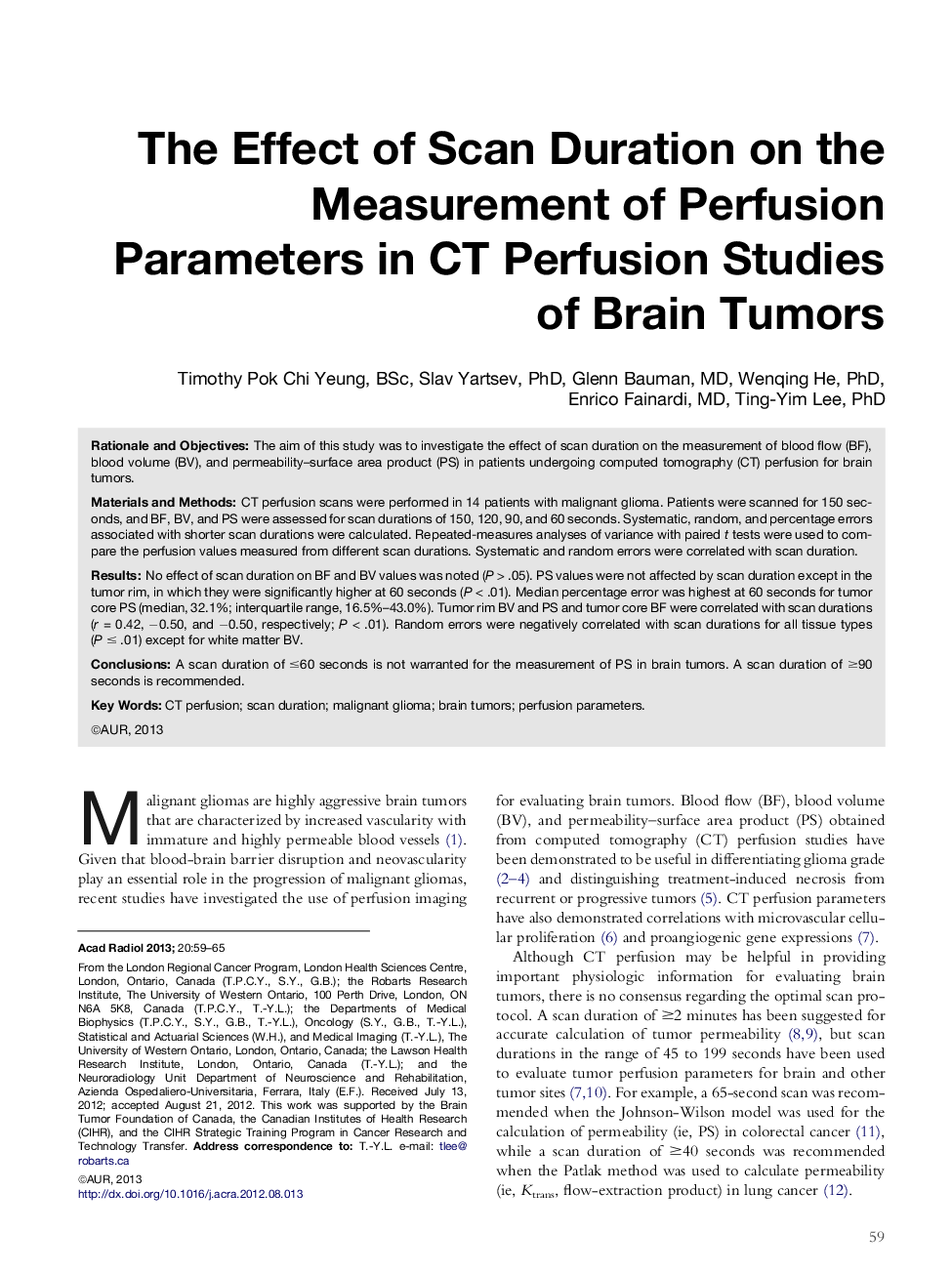 The Effect of Scan Duration on the Measurement of Perfusion Parameters in CT Perfusion Studies ofÂ Brain Tumors