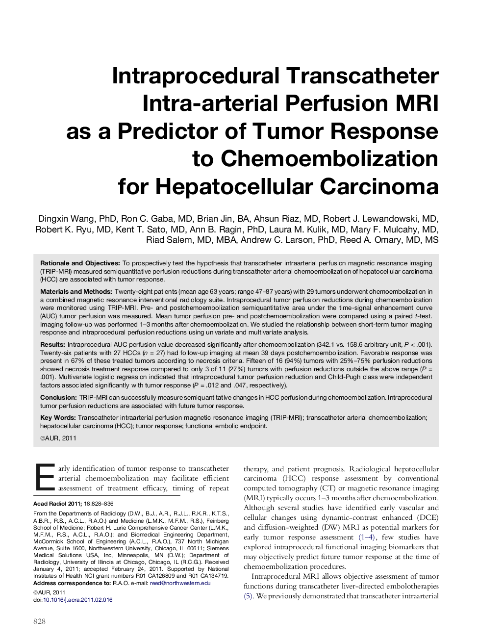 Intraprocedural Transcatheter Intra-arterial Perfusion MRI as a Predictor of Tumor Response to Chemoembolization for Hepatocellular Carcinoma