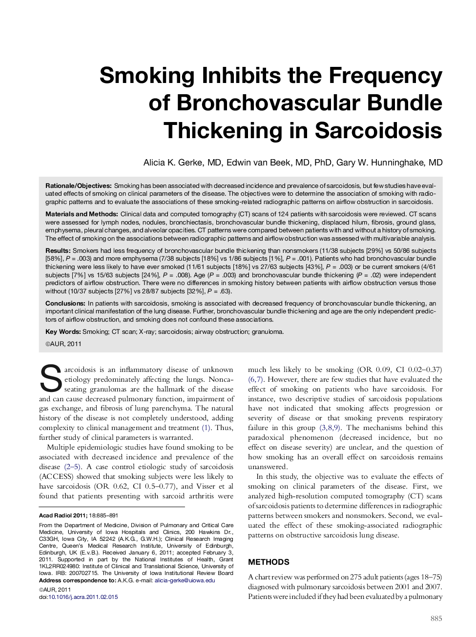 Smoking Inhibits the Frequency of Bronchovascular Bundle Thickening in Sarcoidosis