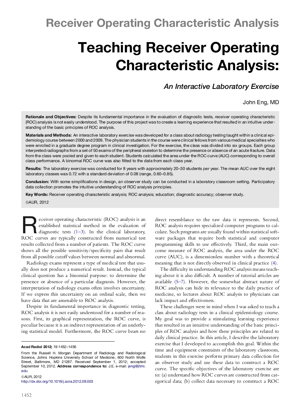 Teaching Receiver Operating Characteristic Analysis