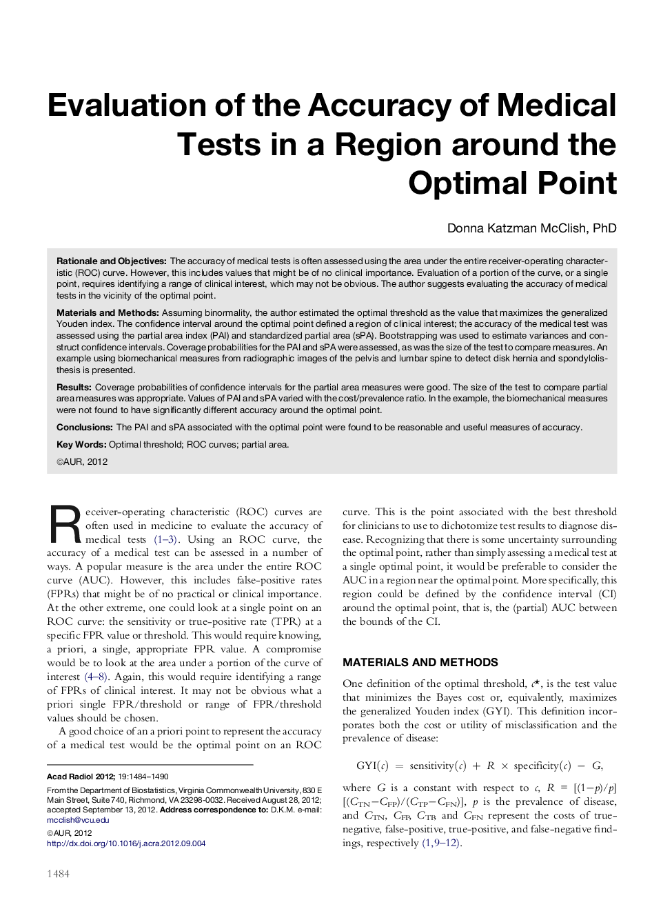 Evaluation of the Accuracy of Medical Tests in a Region around the Optimal Point