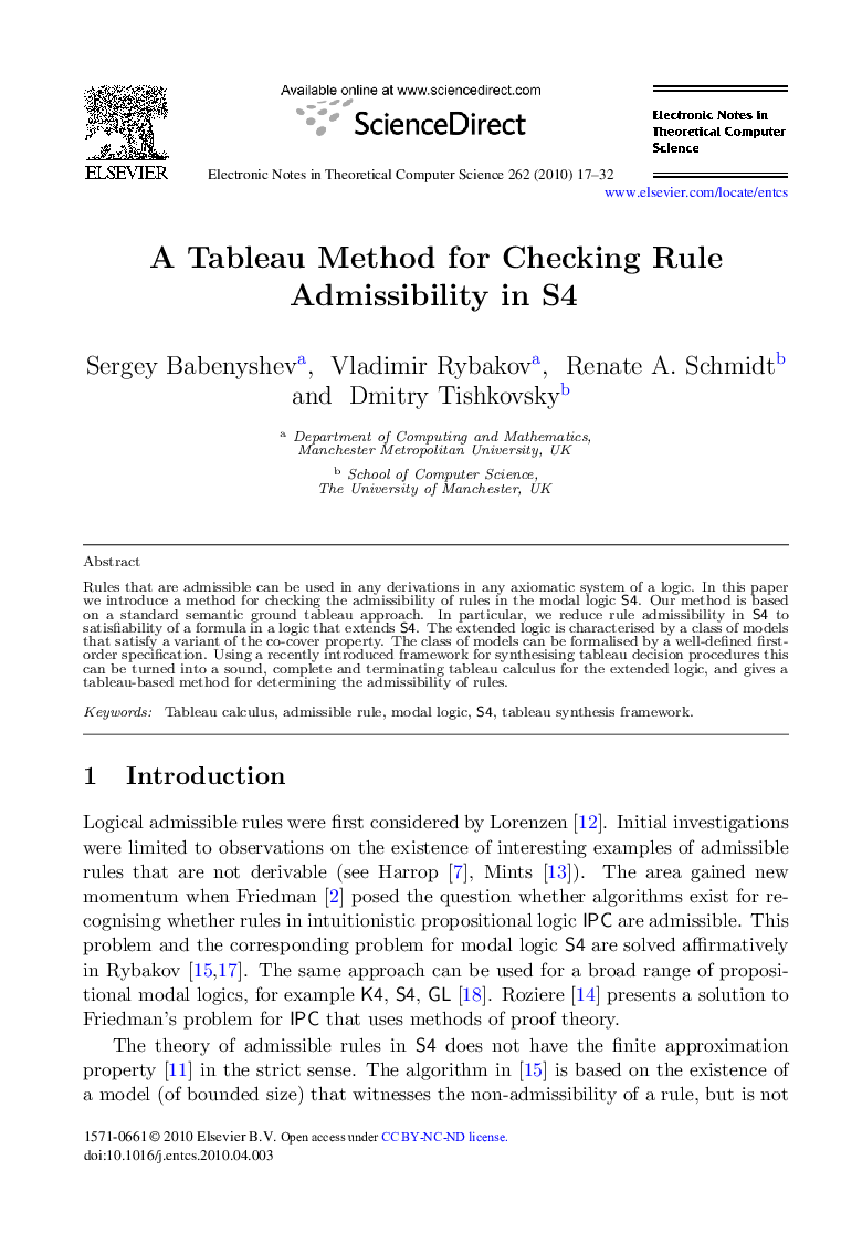 عکس صفحه اول مقاله: A Tableau Method for Checking Rule Admissibility in S4 A Tableau Method for Checking Rule Admissibility in S4