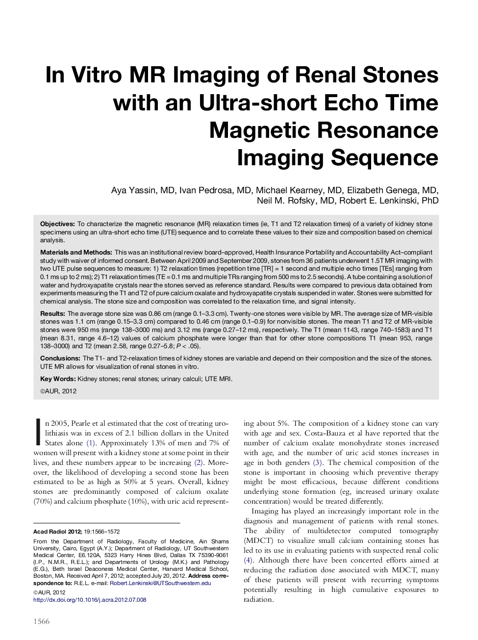 InÂ Vitro MR Imaging of Renal Stones with an Ultra-short Echo Time Magnetic Resonance Imaging Sequence