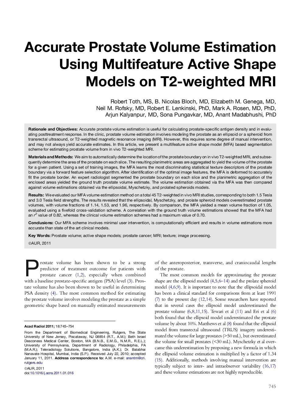 Accurate Prostate Volume Estimation Using Multifeature Active Shape Models on T2-weighted MRI