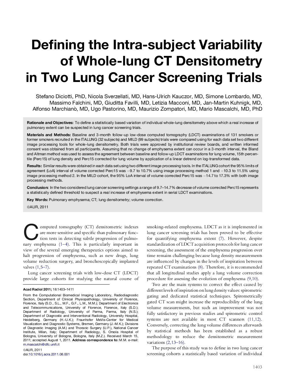 Defining the Intra-subject Variability of Whole-lung CT Densitometry in Two Lung Cancer Screening Trials