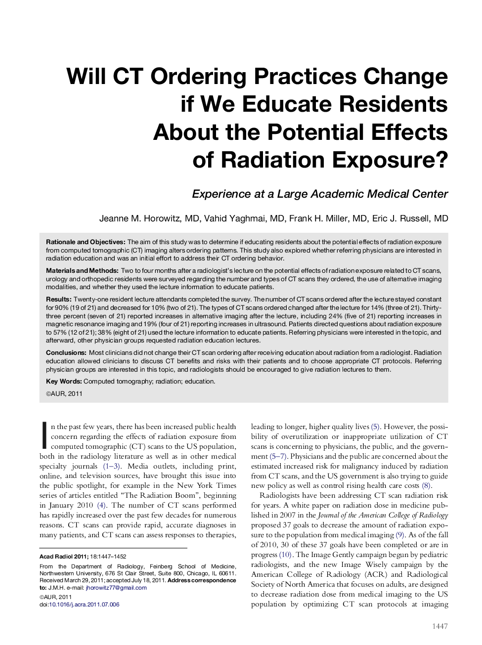 Will CT Ordering Practices Change if We Educate Residents About the Potential Effects of Radiation Exposure?