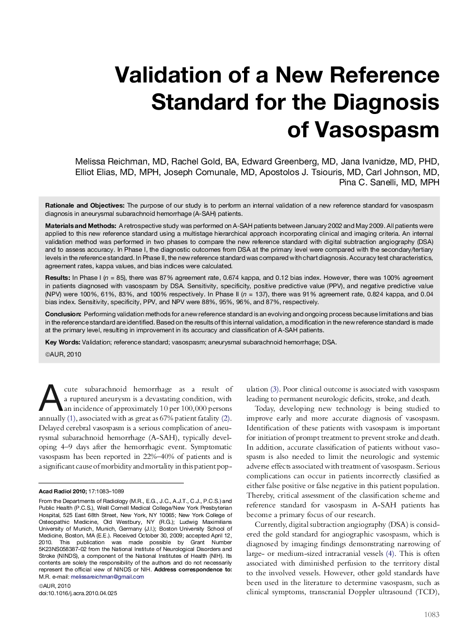 Validation of a New Reference Standard for the Diagnosis of Vasospasm