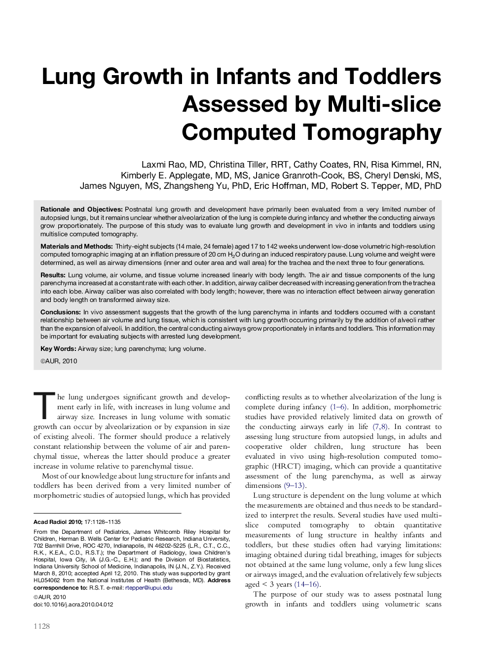 Lung Growth in Infants and Toddlers Assessed by Multi-slice Computed Tomography