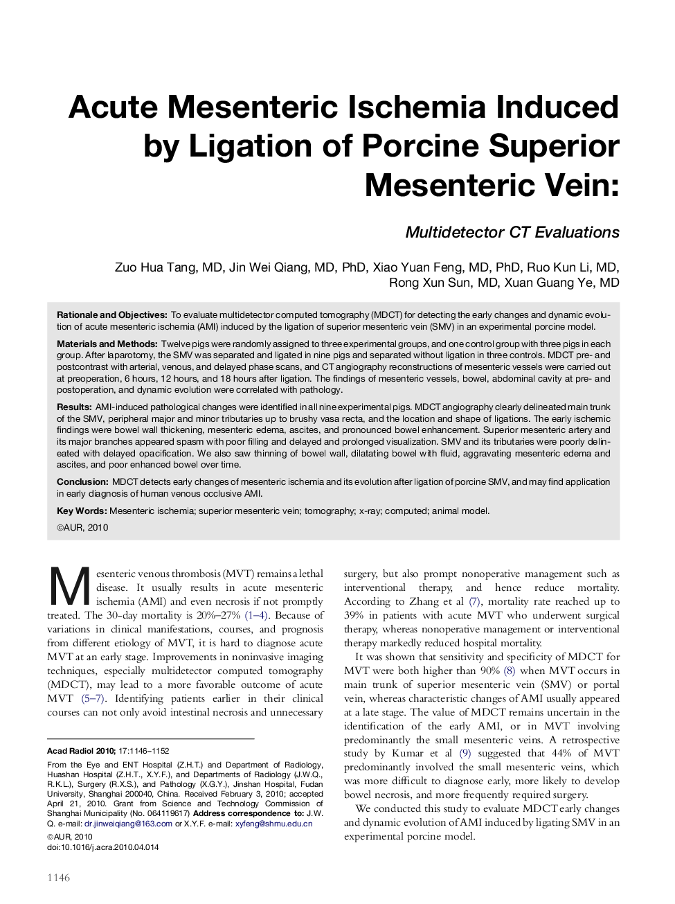 Acute Mesenteric Ischemia Induced by Ligation of Porcine Superior Mesenteric Vein