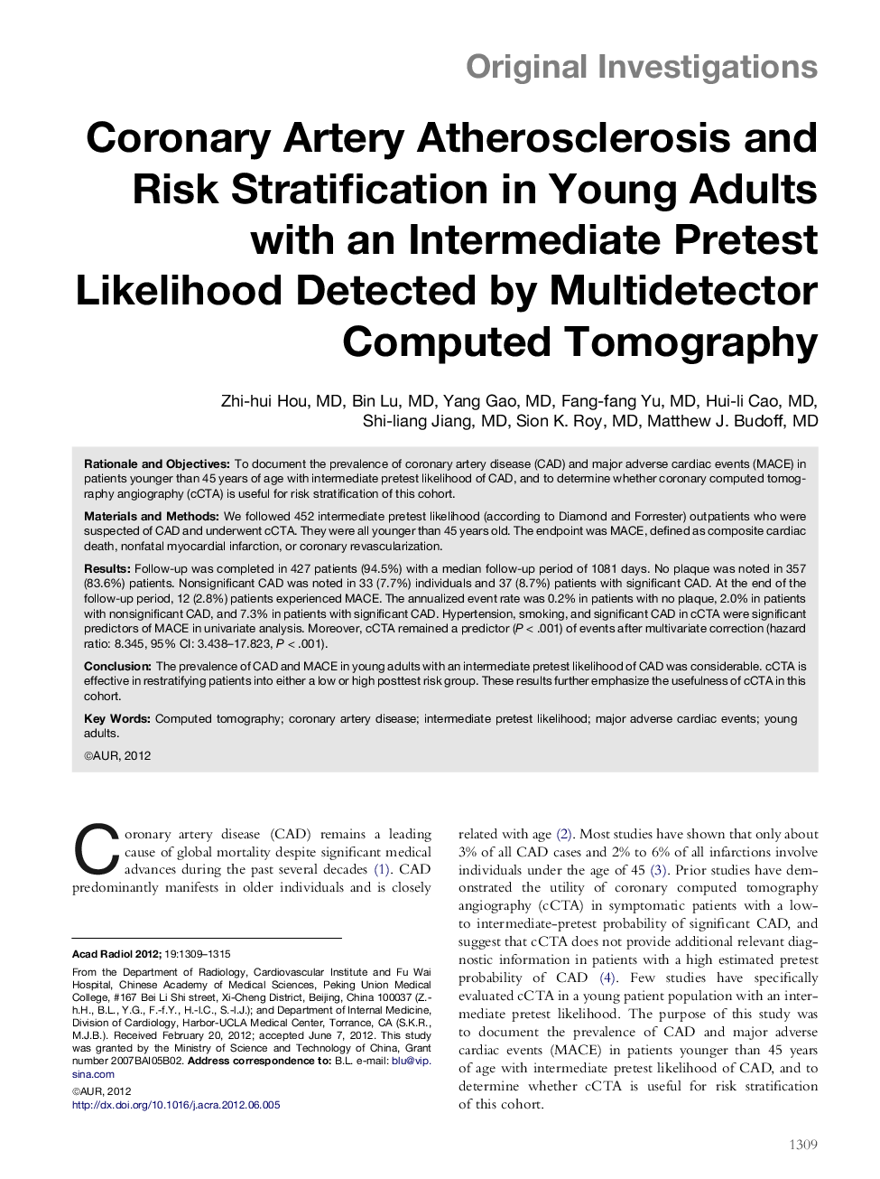 Coronary Artery Atherosclerosis and Risk Stratification in Young Adults with an Intermediate Pretest Likelihood Detected by Multidetector Computed Tomography