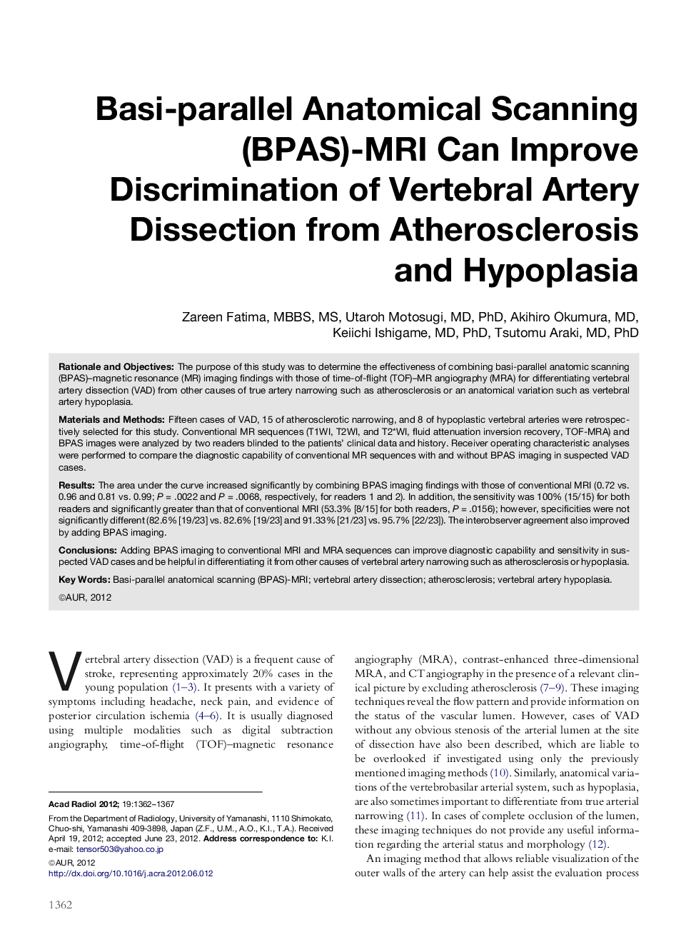 Basi-parallel Anatomical Scanning (BPAS)-MRI Can Improve Discrimination of Vertebral Artery Dissection from Atherosclerosis and Hypoplasia