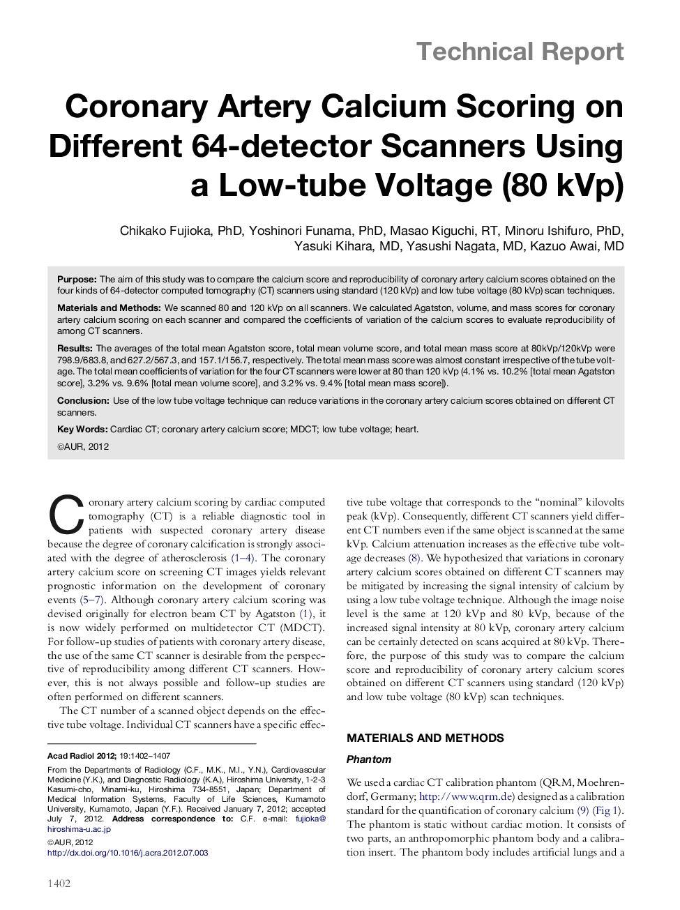 Coronary Artery Calcium Scoring on Different 64-detector Scanners Using a Low-tube Voltage (80 kVp)