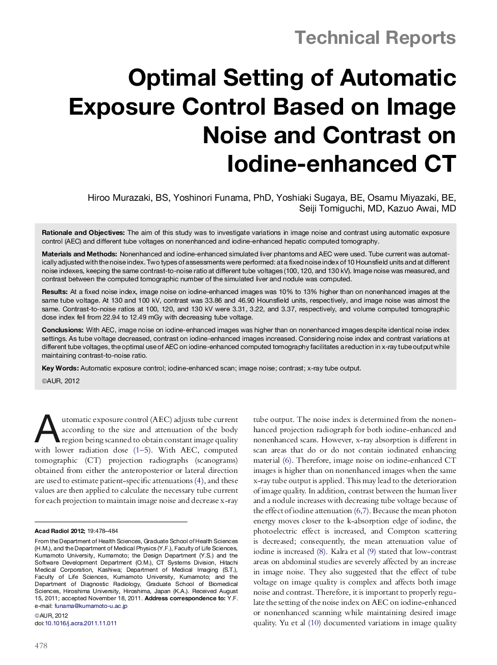 Optimal Setting of Automatic Exposure Control Based on Image Noise and Contrast on Iodine-enhanced CT