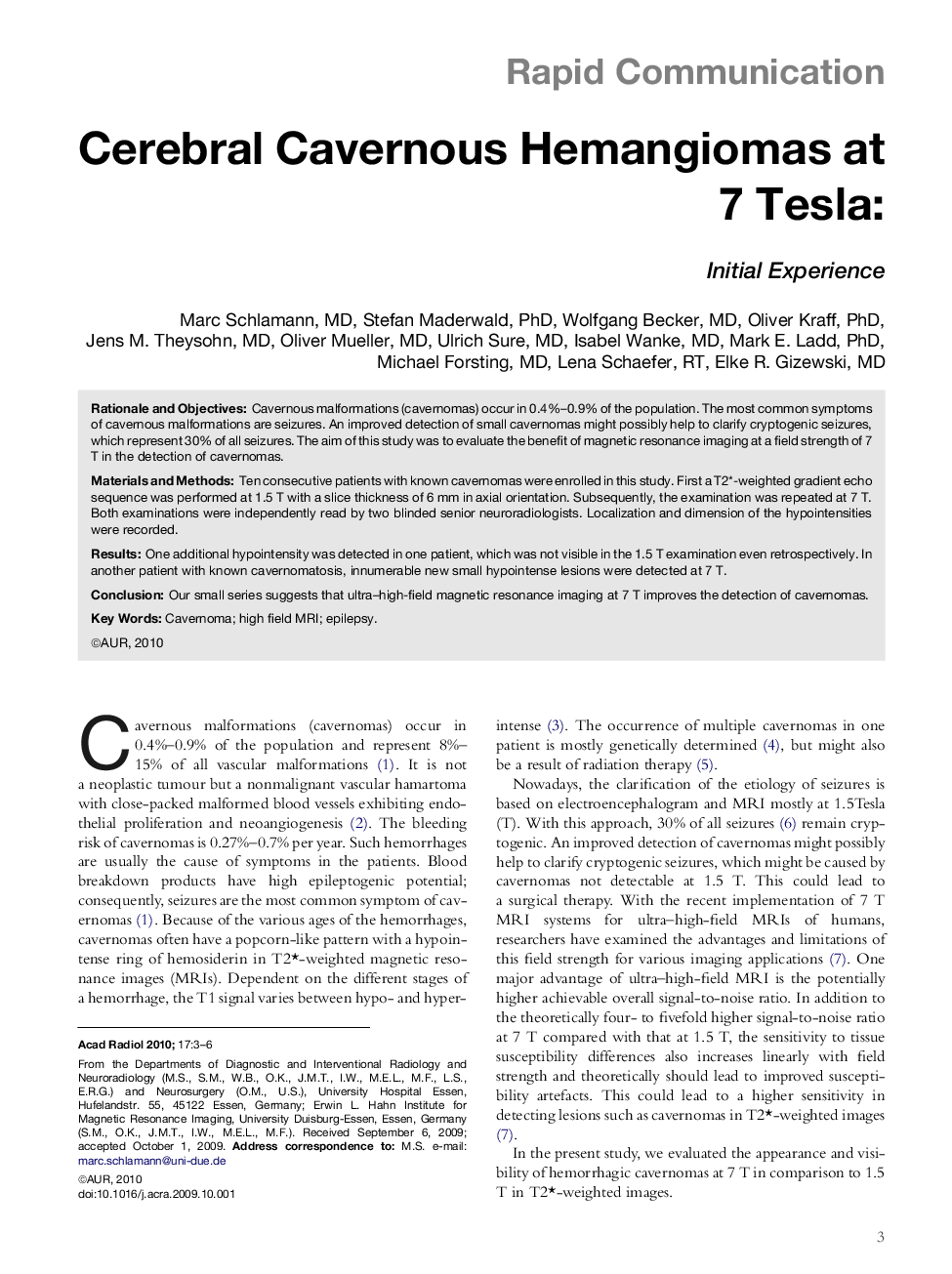 Cerebral Cavernous Hemangiomas at 7 Tesla