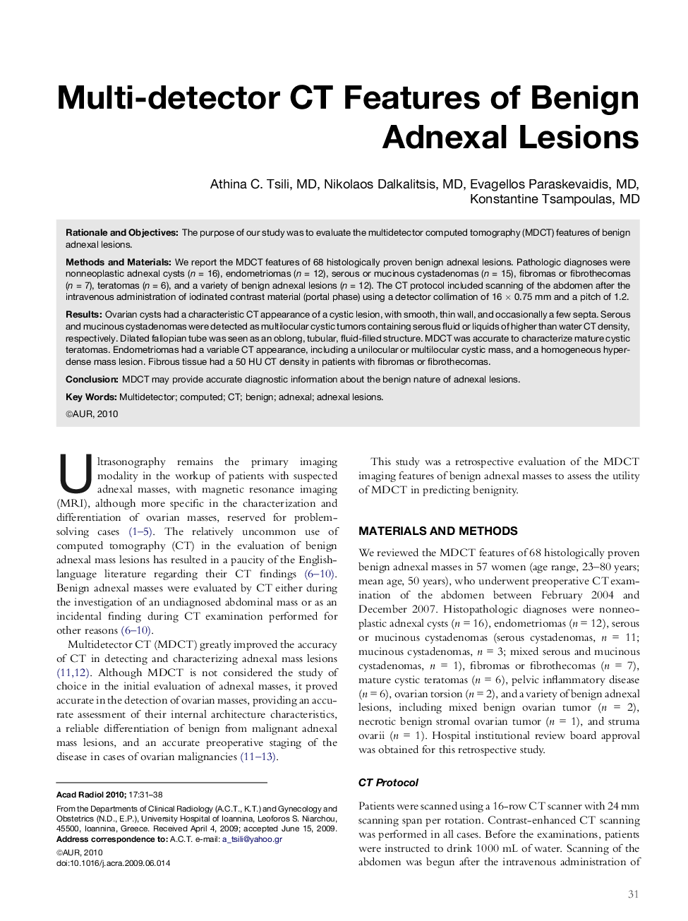 Multi-detector CT Features of Benign Adnexal Lesions