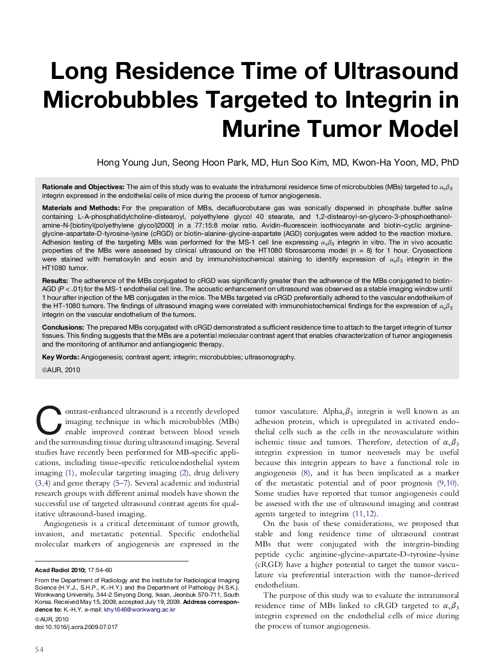 Long Residence Time of Ultrasound Microbubbles Targeted to Integrin in Murine Tumor Model