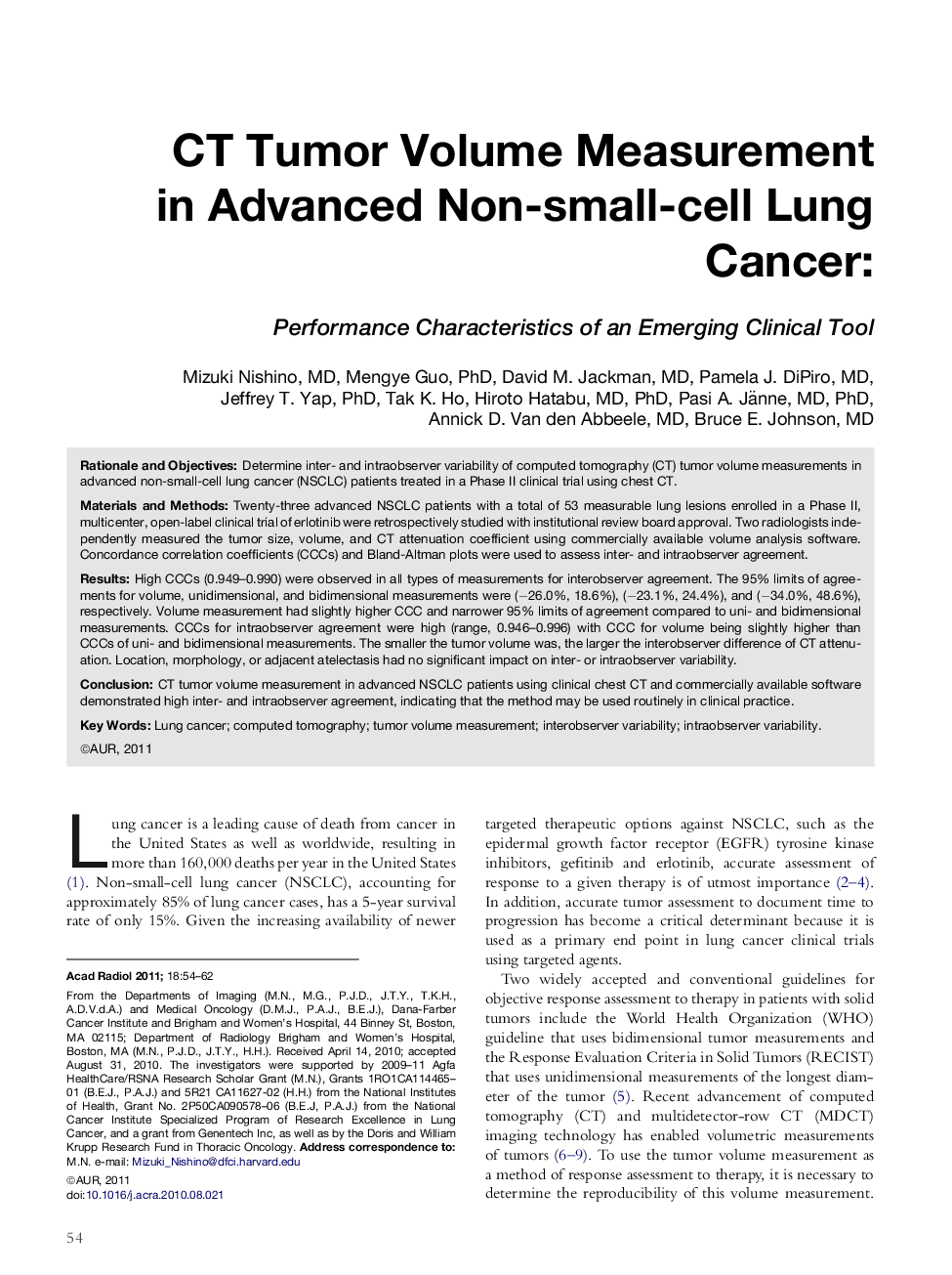 CT Tumor Volume Measurement in Advanced Non-small-cell Lung Cancer