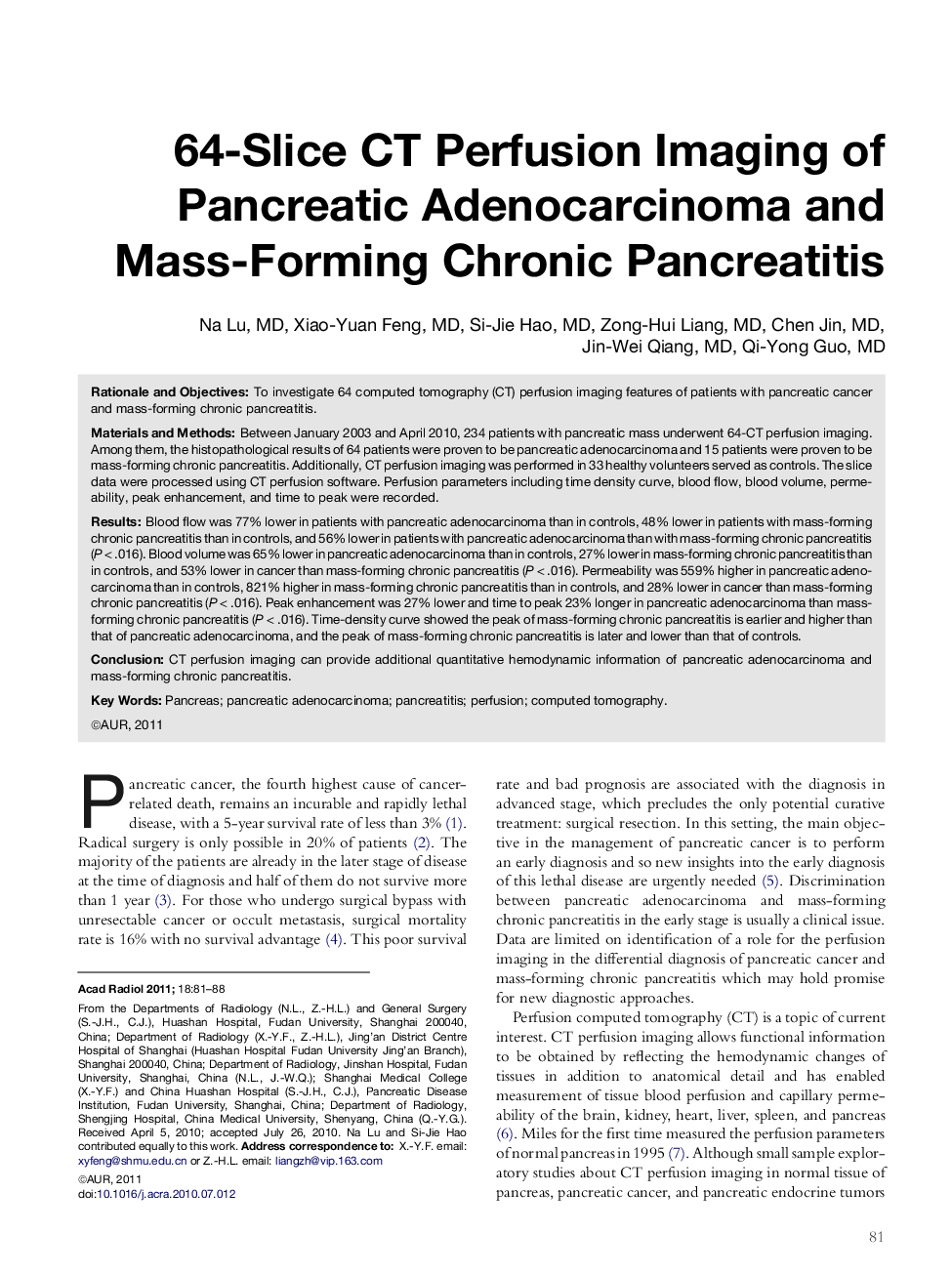 64-Slice CT Perfusion Imaging of Pancreatic Adenocarcinoma and Mass-Forming Chronic Pancreatitis