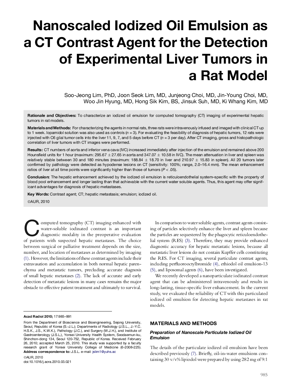 Nanoscaled Iodized Oil Emulsion as a CT Contrast Agent for the Detection of Experimental Liver Tumors in a Rat Model