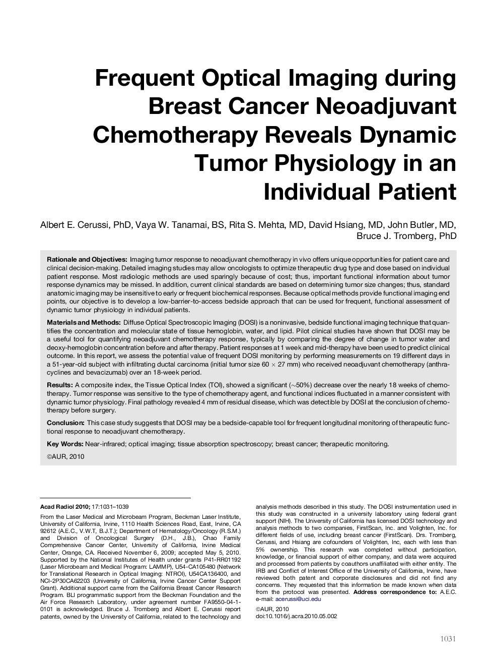 Frequent Optical Imaging during Breast Cancer Neoadjuvant Chemotherapy Reveals Dynamic Tumor Physiology in an Individual Patient