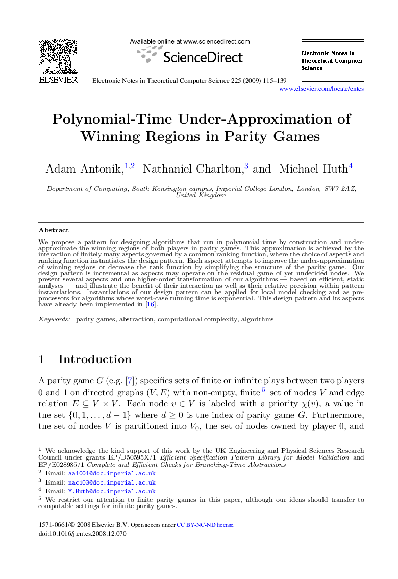 عکس صفحه اول مقاله: Polynomial-Time Under-Approximation of Winning Regions in Parity Games Polynomial-Time Under-Approximation of Winning Regions in Parity Games