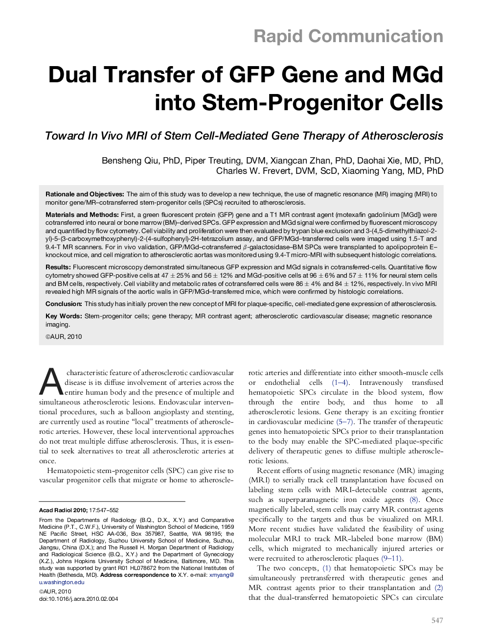 Dual Transfer of GFP Gene and MGd into Stem-Progenitor Cells