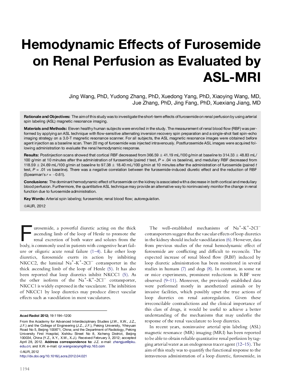 Hemodynamic Effects of Furosemide on Renal Perfusion as Evaluated by ASL-MRI