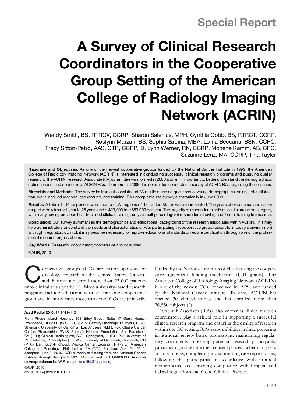 A Survey of Clinical Research Coordinators in the Cooperative Group Setting of the American College of Radiology Imaging Network (ACRIN)