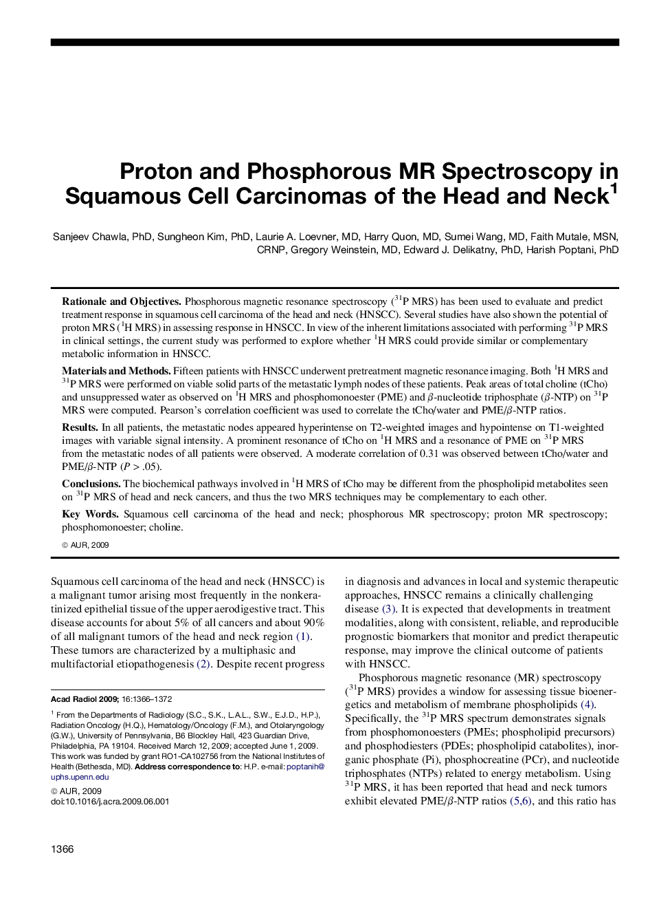 Proton and Phosphorous MR Spectroscopy in Squamous Cell Carcinomas of the Head and Neck